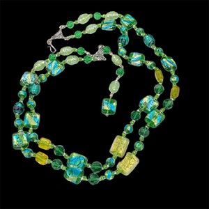 Amazing Vintage Green Foil Glass Long Double Strand Adjustable Necklace